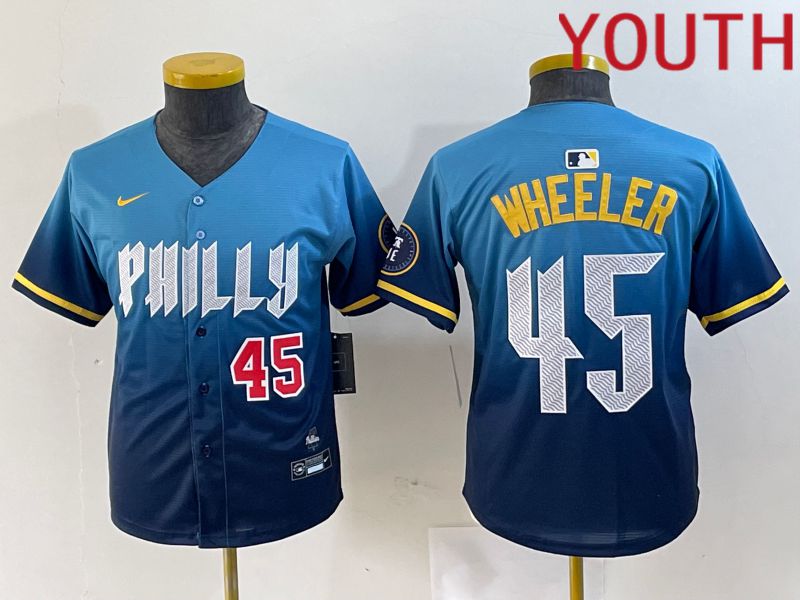 Youth Philadelphia Phillies #45 Wheeler Blue City Edition Nike 2024 MLB Jersey style 2->->Youth Jersey